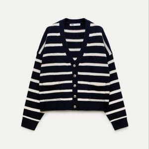 NWOT Zara Women's 100% Wool Navy & White Striped Academia Knit Cardigan